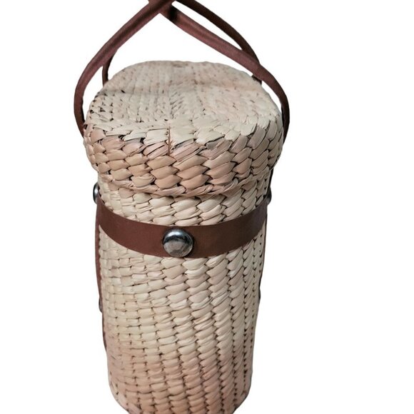 (#447) Vintage Straw Leather Trim Handbag - Picture 4 of 8